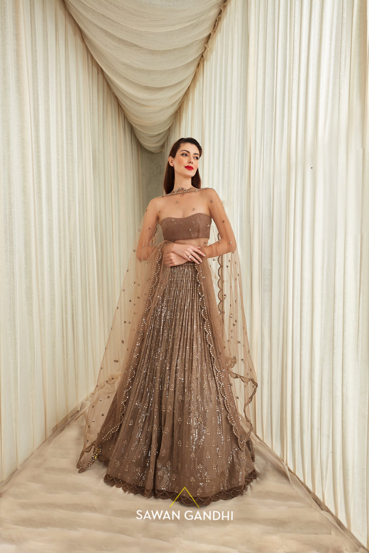 Taupe sequins and mirror floral booti work lehnga set