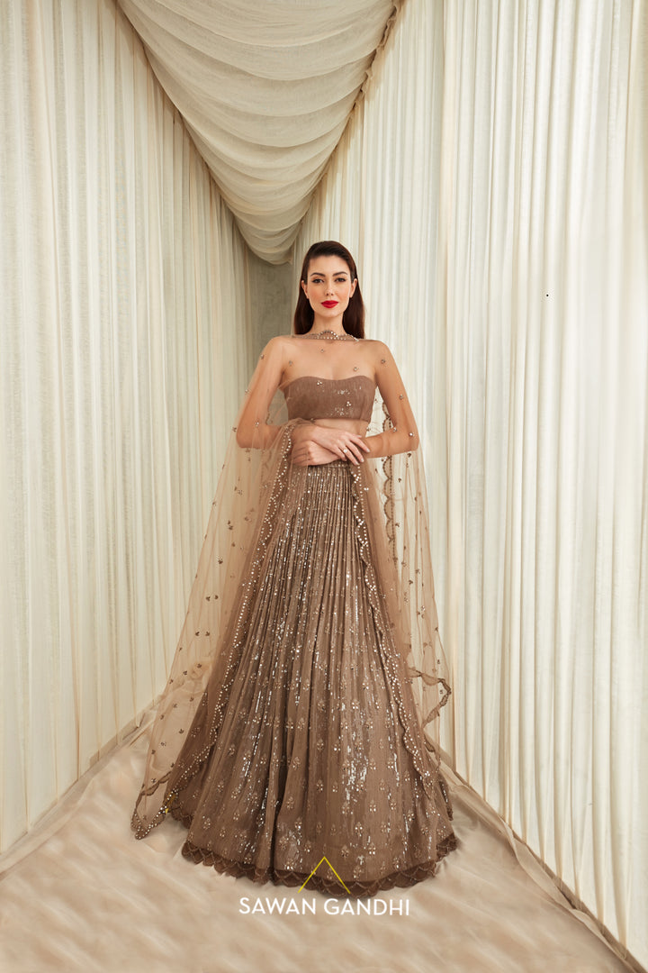 Taupe sequins and mirror floral booti work lehnga set