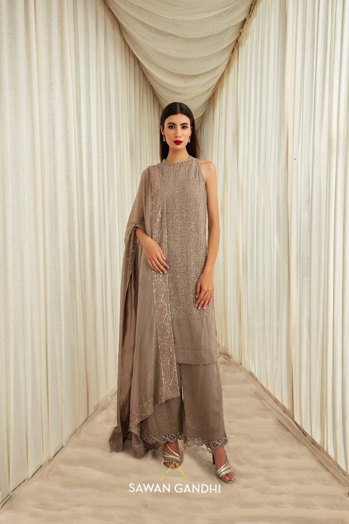 Taupe Chikankari straight suit