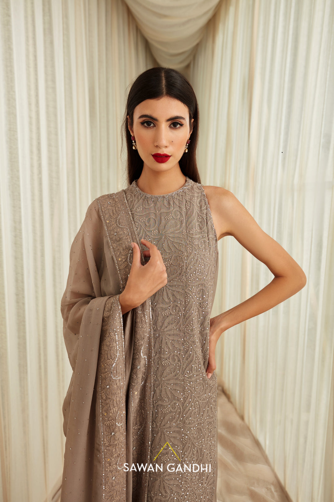 Taupe Chikankari straight suit