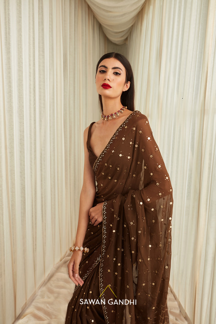 Coffee mukaish work saree set