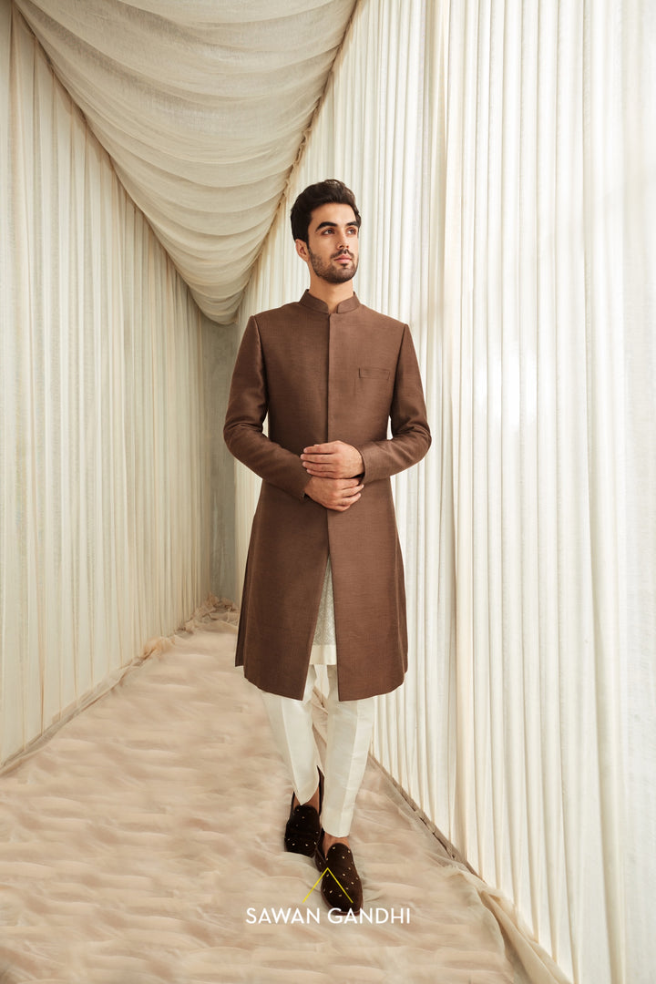 Coffee moga silk sherwani