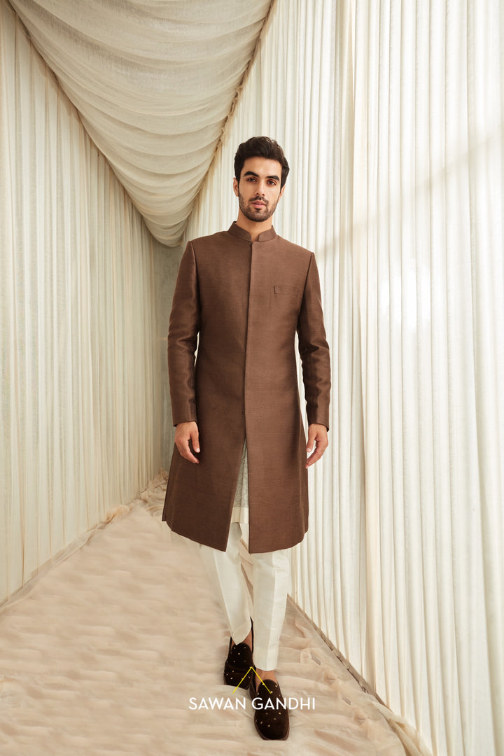 Coffee moga silk sherwani