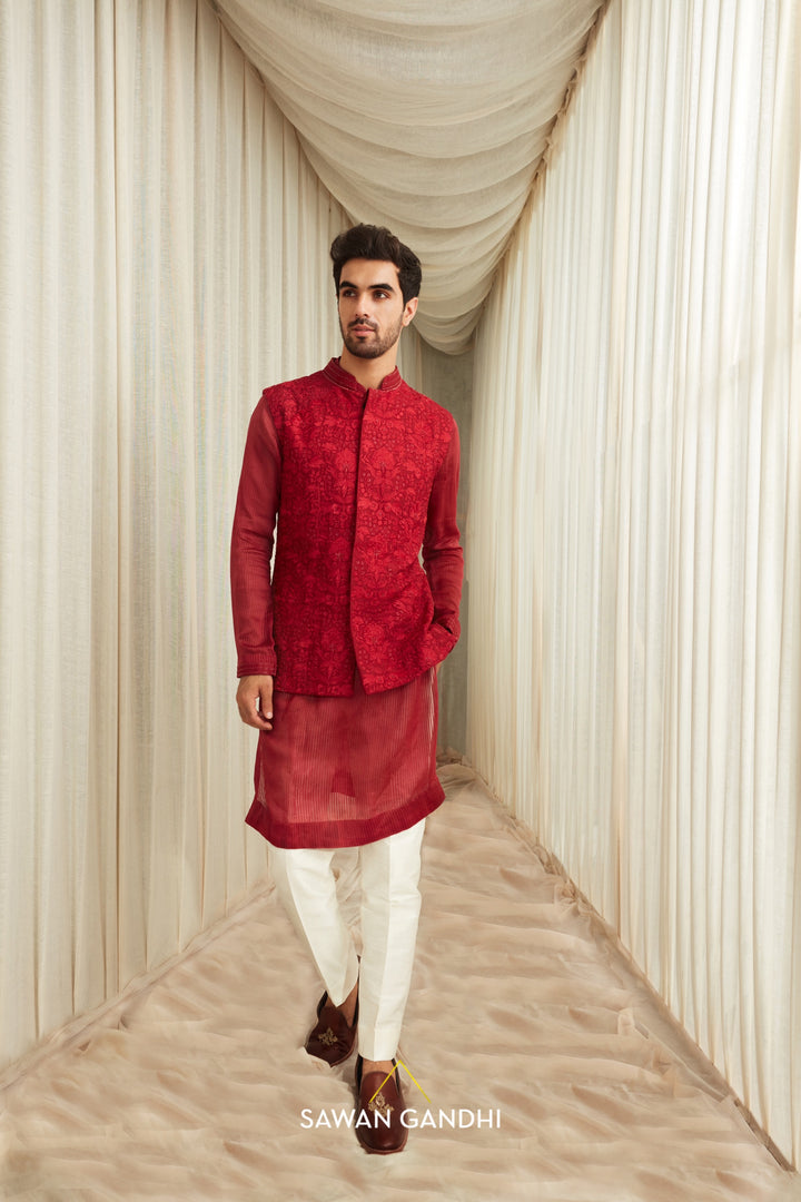 Red Self work Nehru set