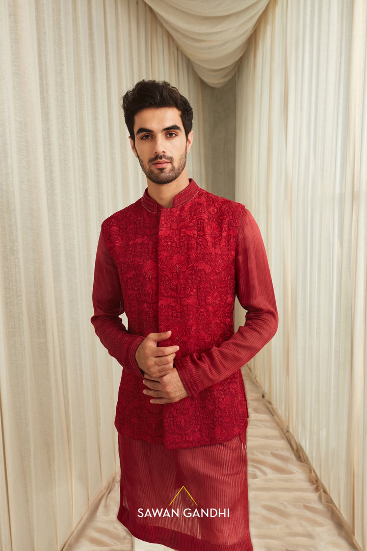 Red Self work Nehru set