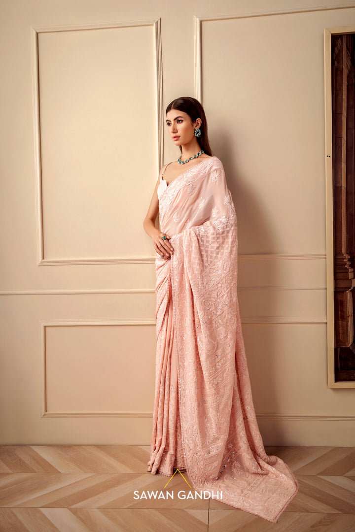 Peach Chikankari saree set