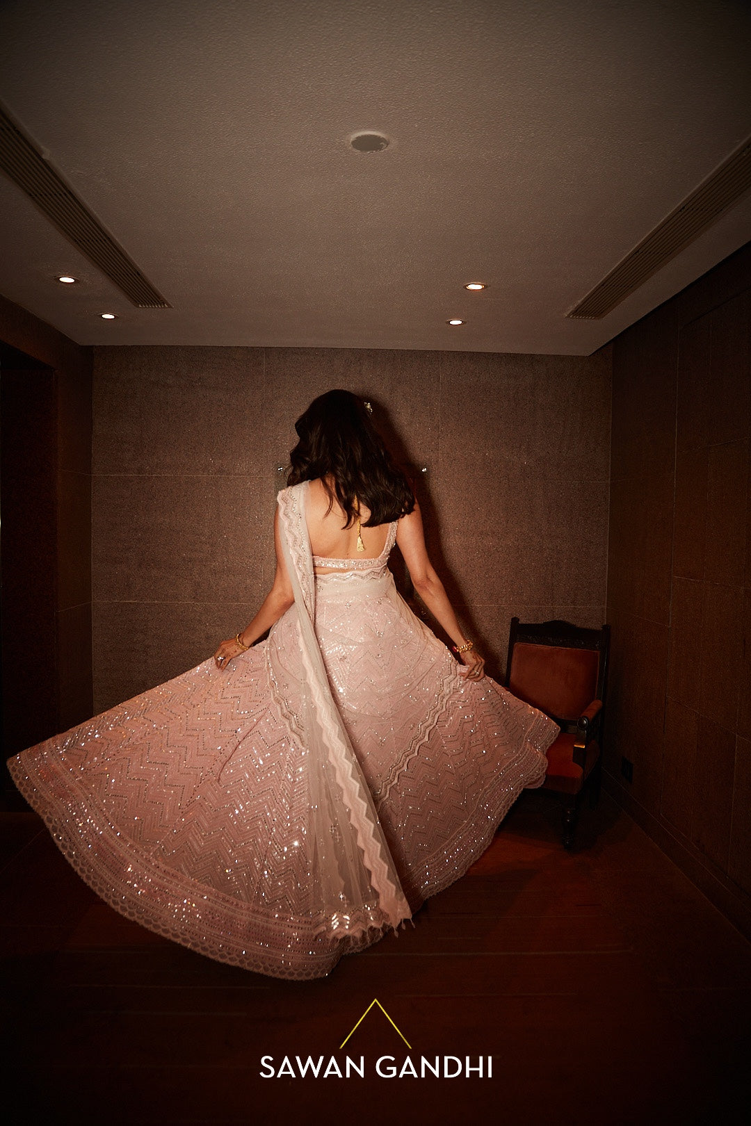 Kajal aggarwal in peach mirror work lehenga set