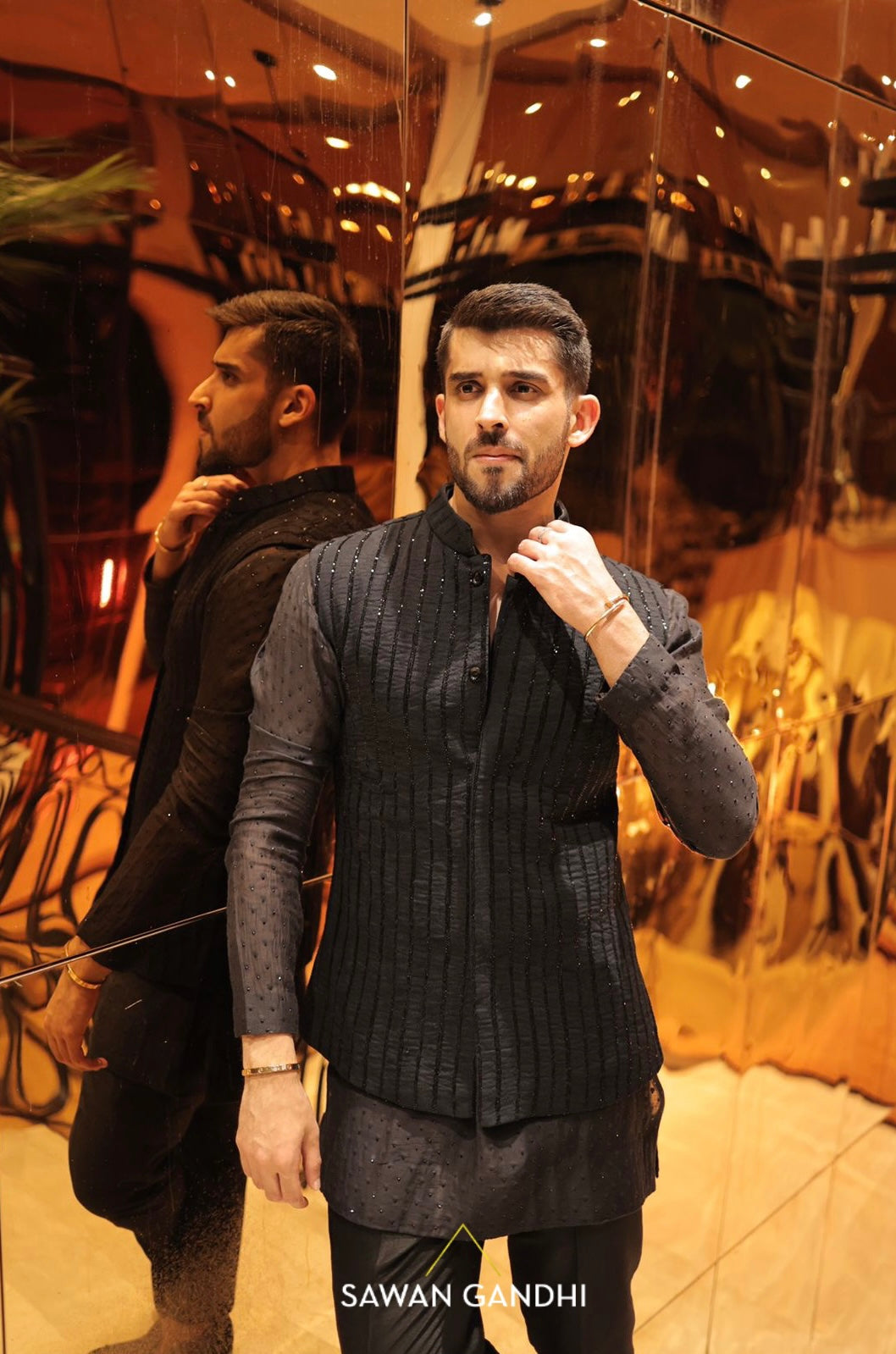 Anvit Oberoi in Black cutdana nehru and kurta