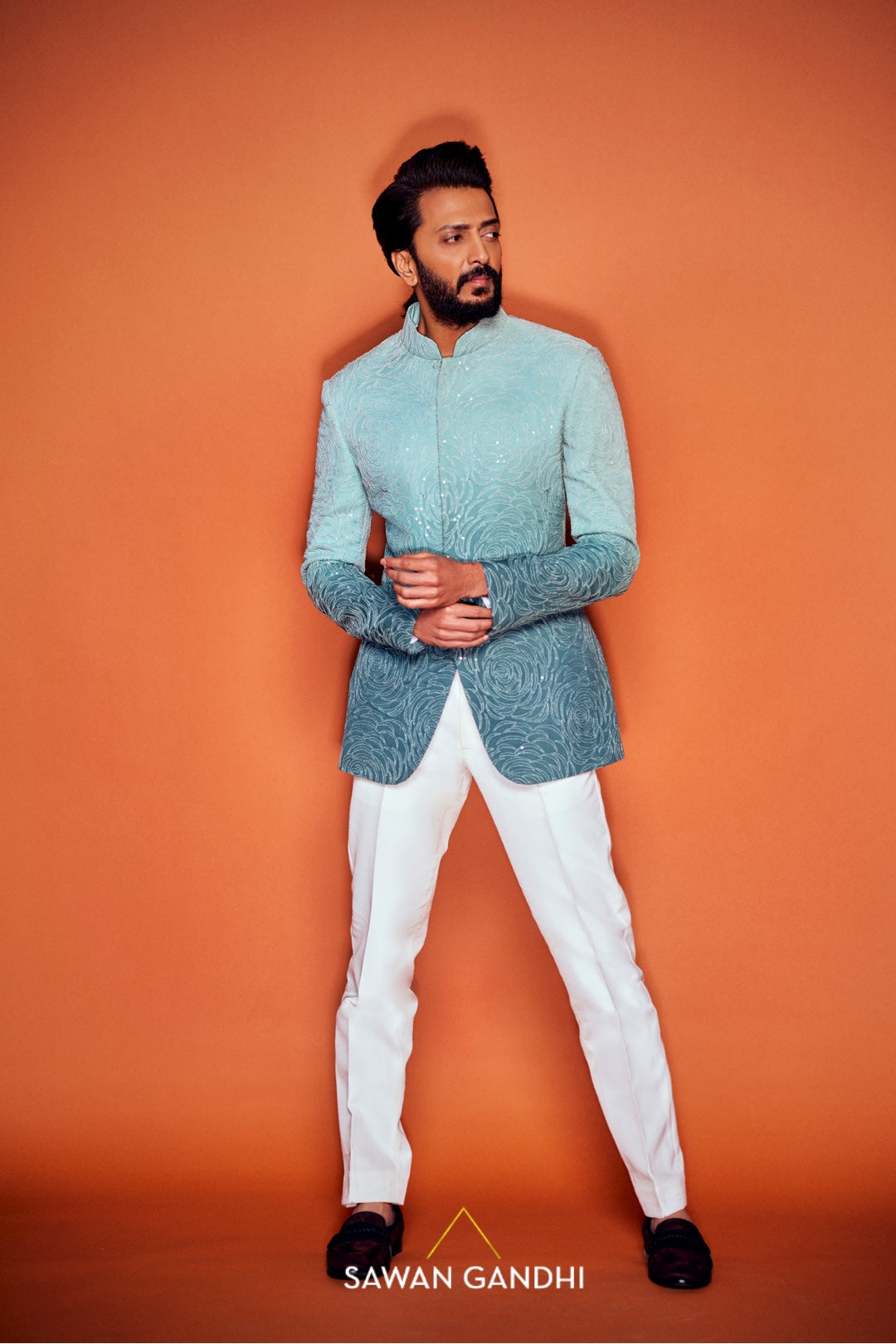 Ritesh deshmukh in teal ombre bandgala