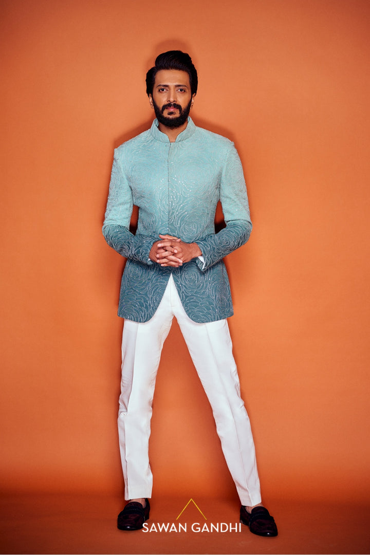 Ritesh deshmukh in teal ombre bandgala