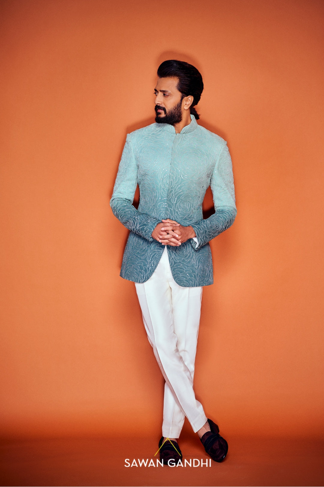Ritesh deshmukh in teal ombre bandgala