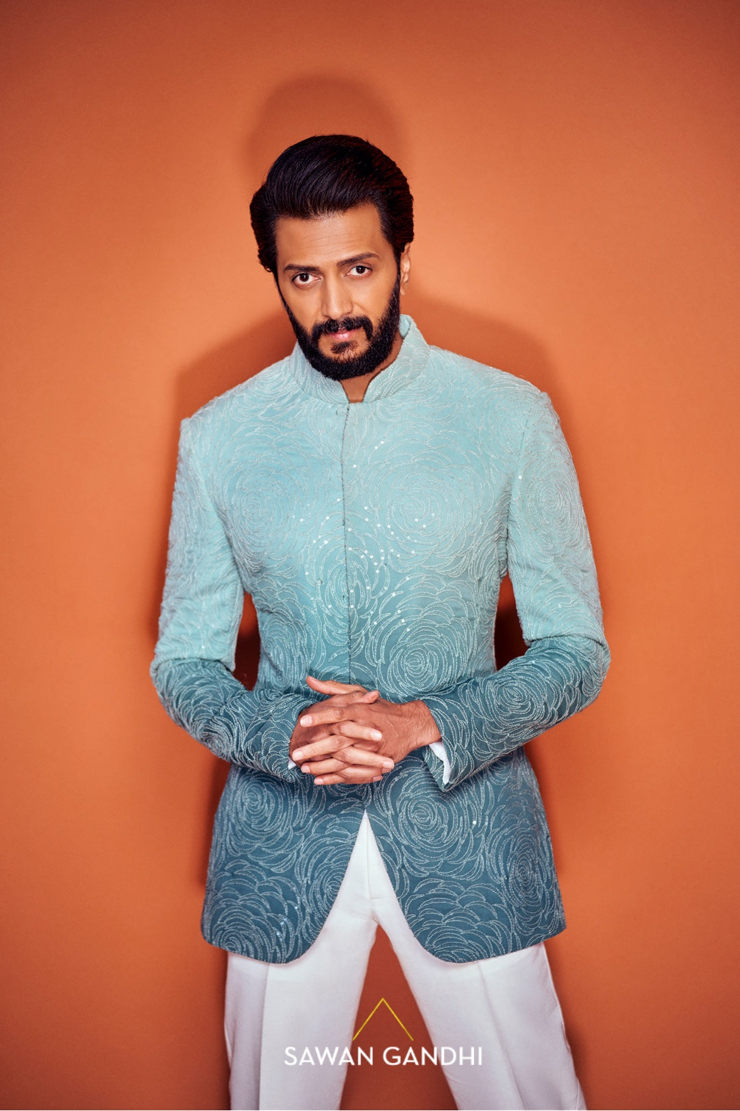 Ritesh deshmukh in teal ombre bandgala