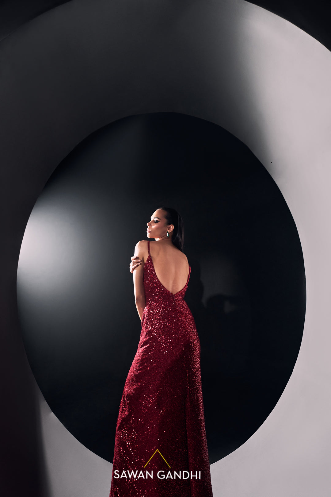 Red sequins slit gown