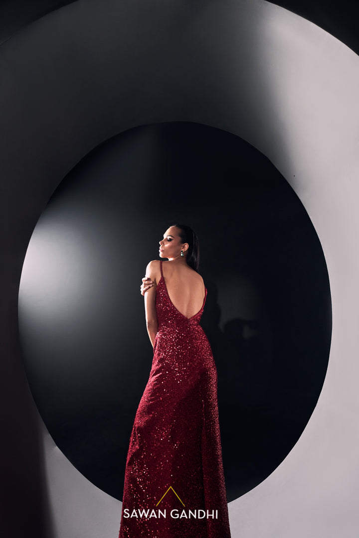 Red sequins slit gown