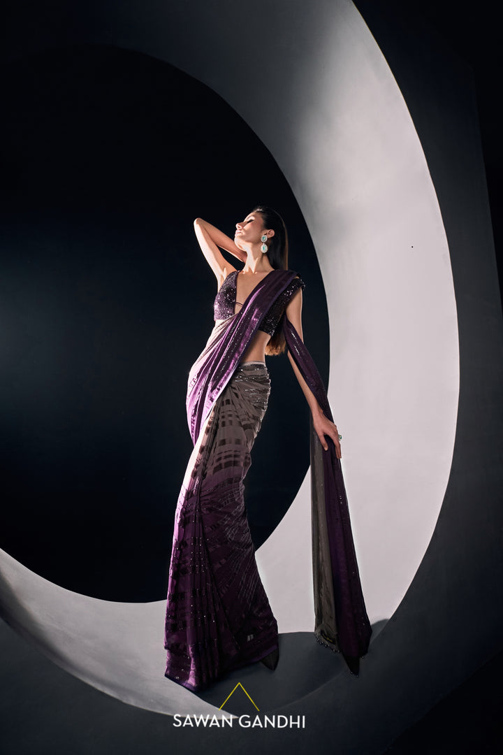 Purple grey ombré stripe saree