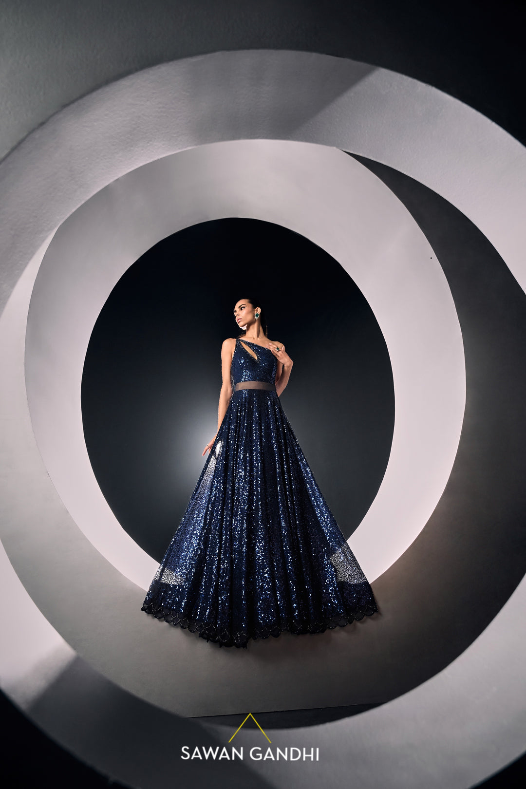 Blue sequins one shoulder gown