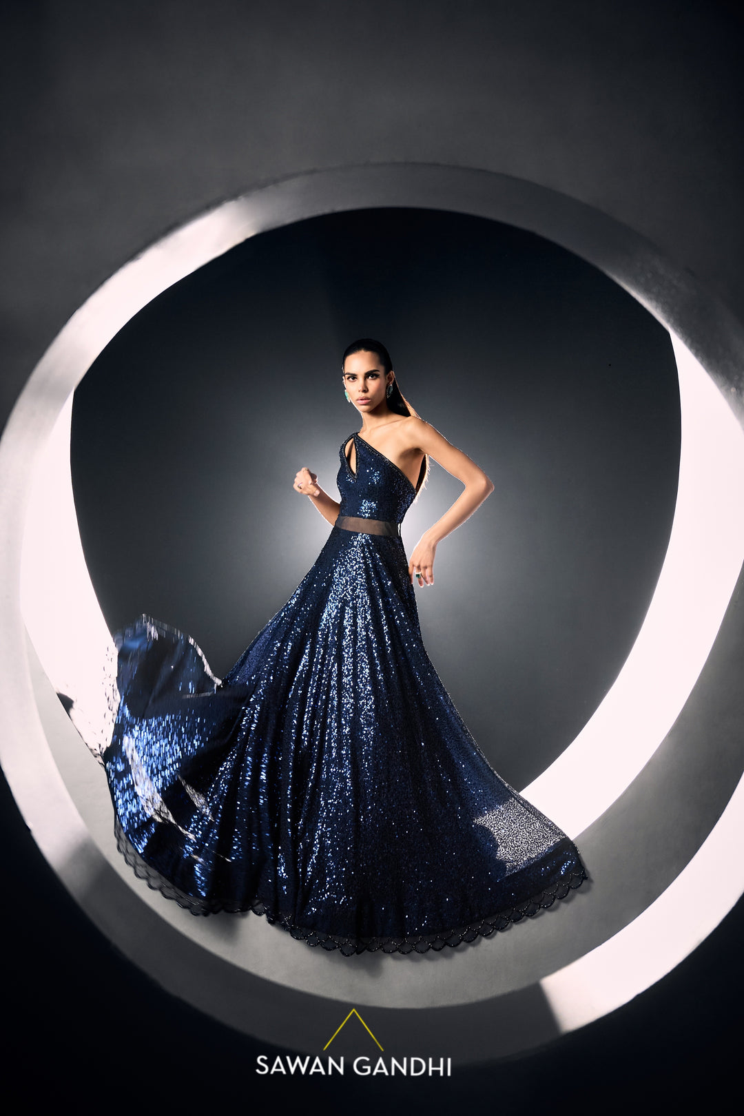 Blue sequins one shoulder gown