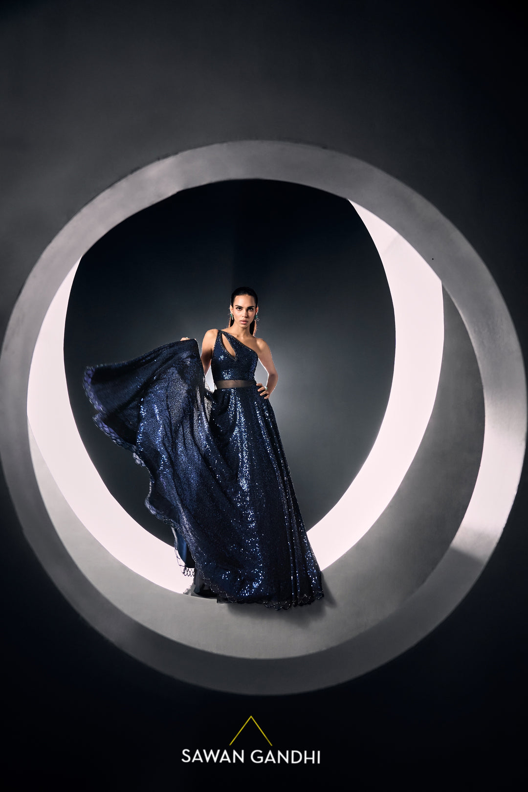 Blue sequins one shoulder gown