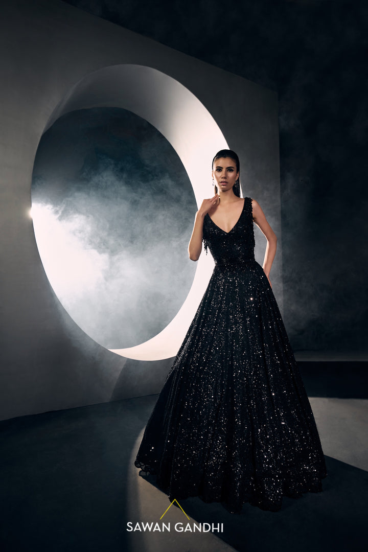 Black sequins and cutdana work gown