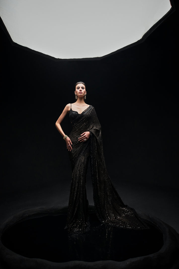 Black mukaish work saree