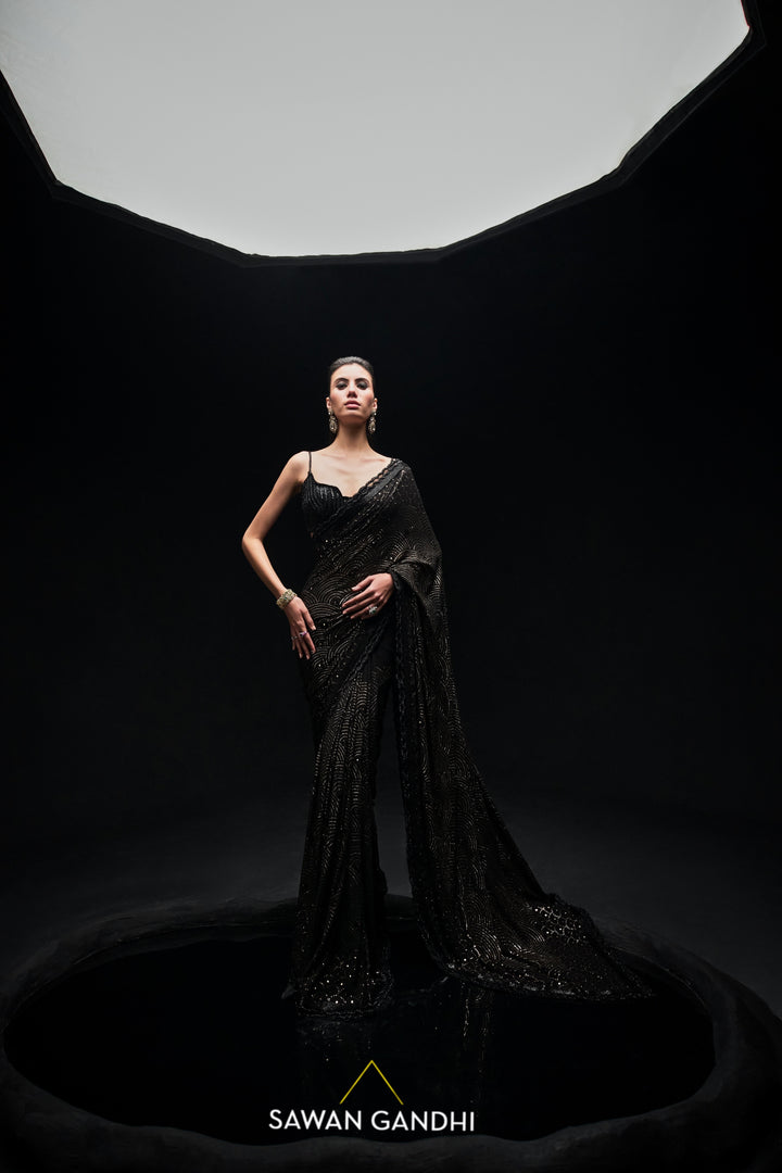 Black mukaish work saree