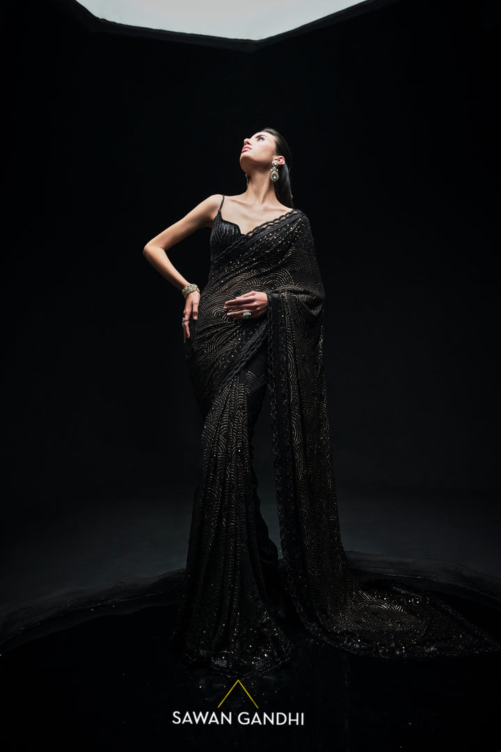 Black mukaish work saree
