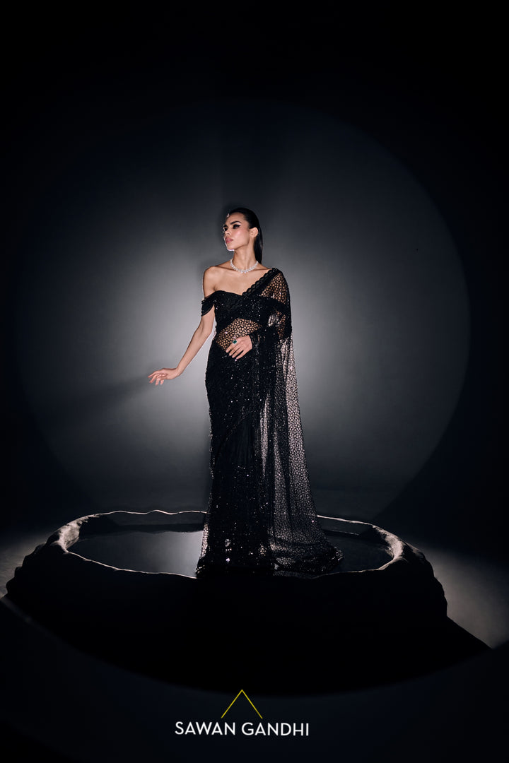 Black sequins net saree