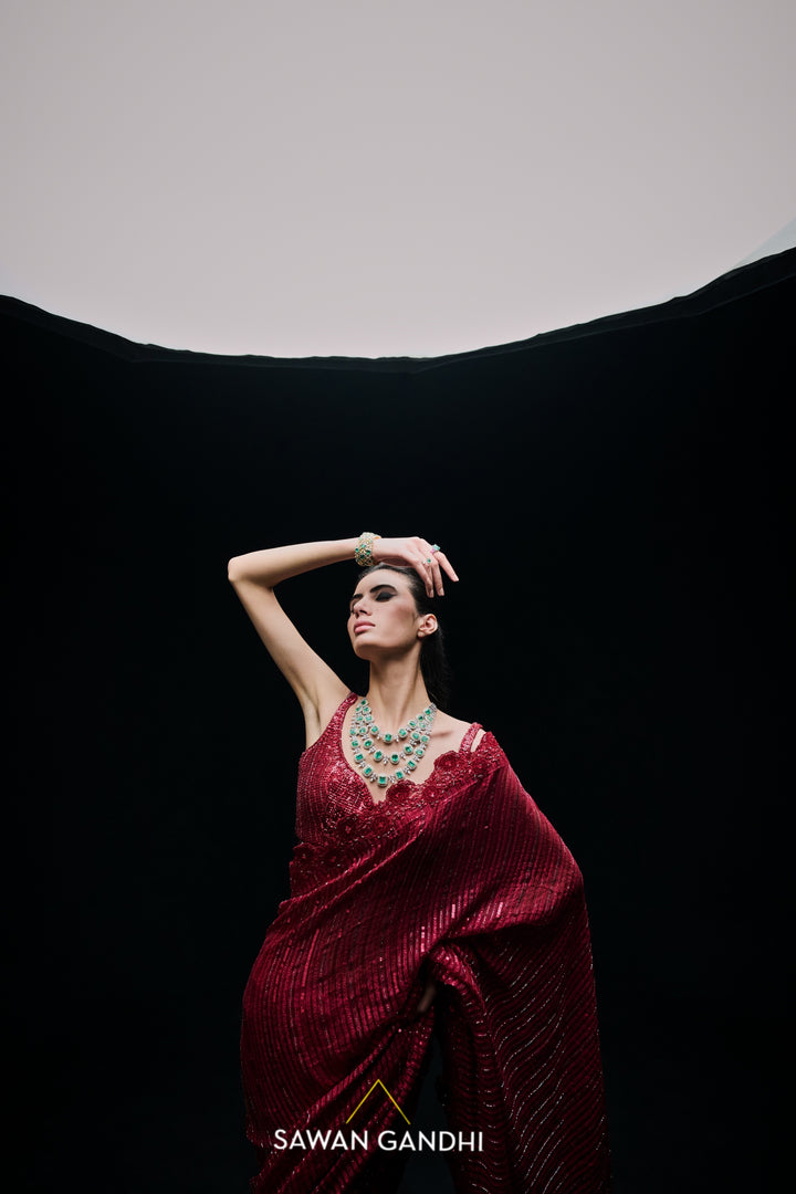 Red sequins gicha saree