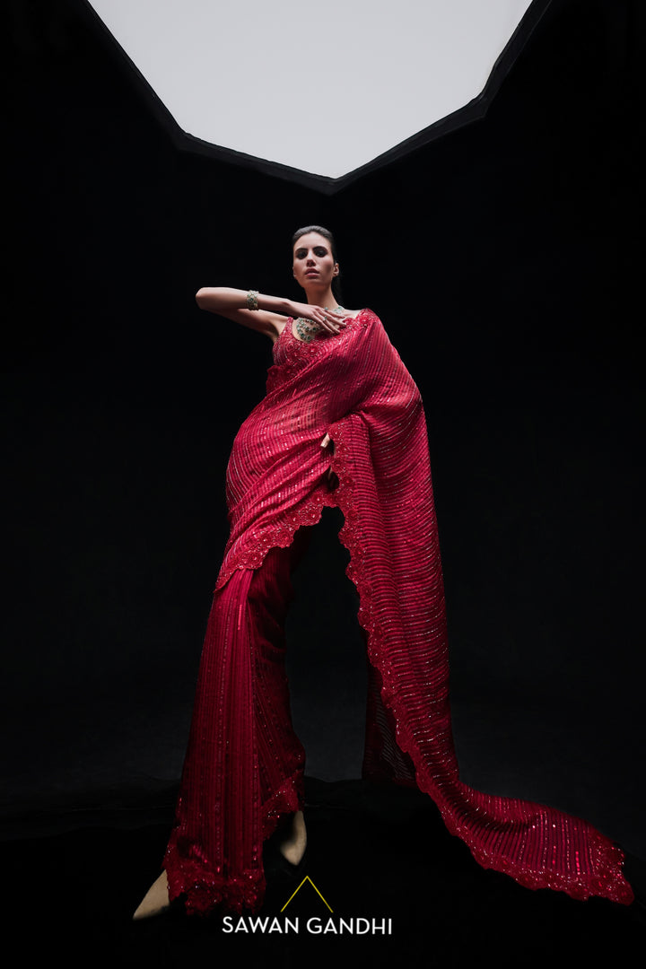 Red sequins gicha saree
