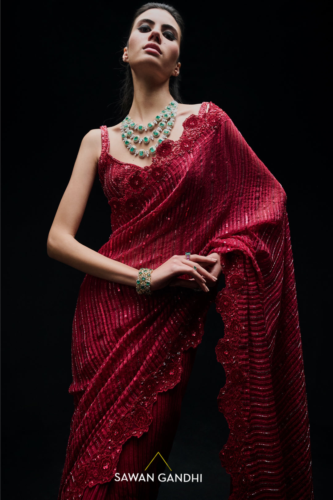 Red sequins gicha saree
