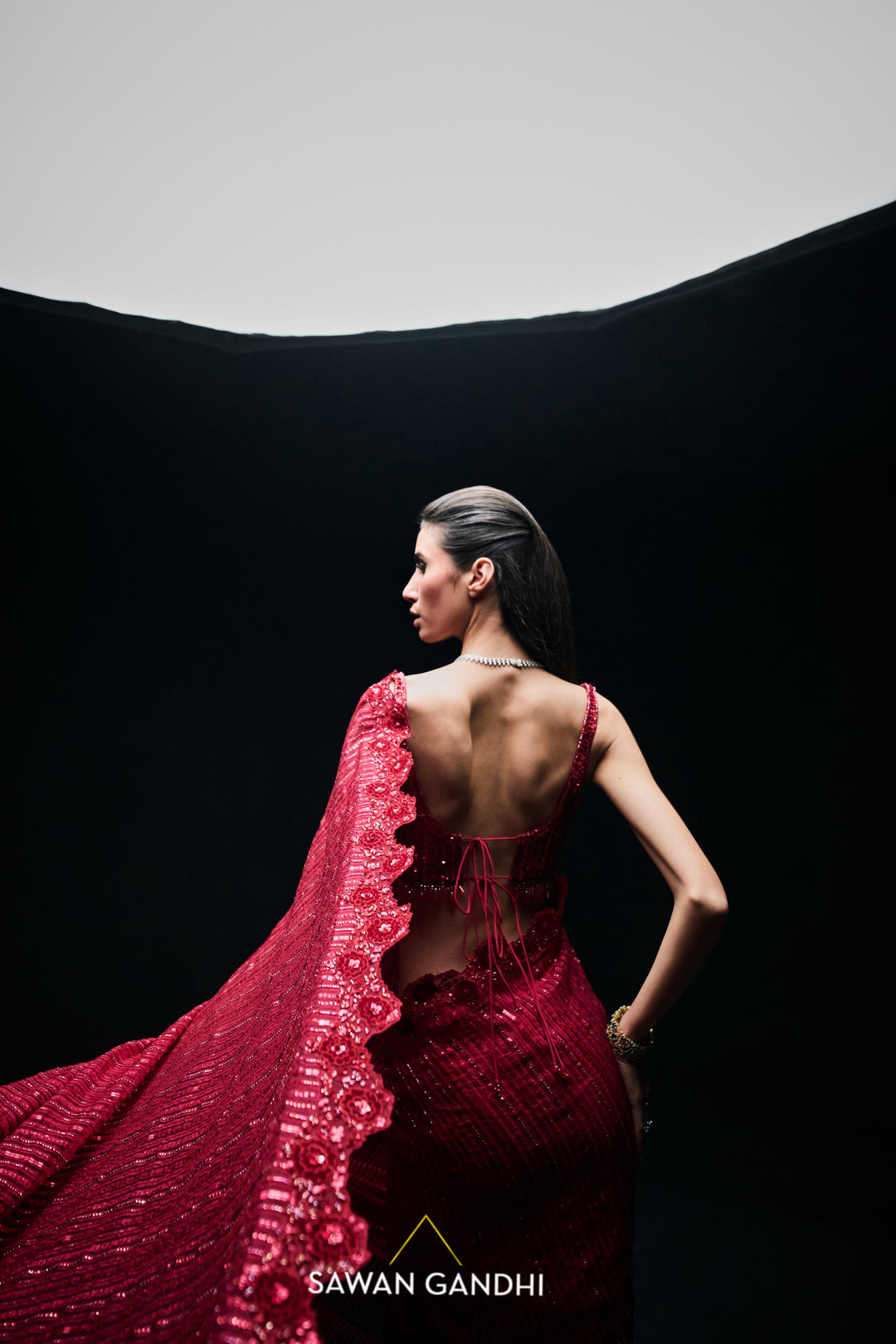 Red sequins gicha saree