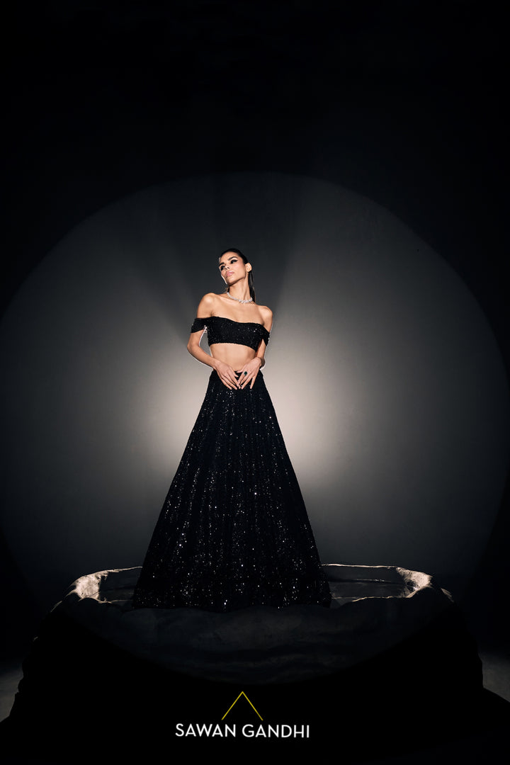 Black sequins lehnga with crystal blouse