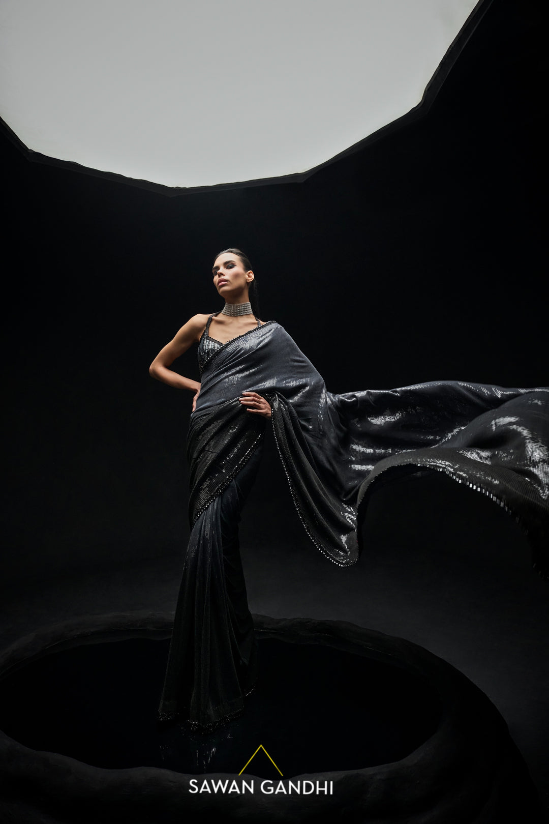 Black to grey ombre sequins saree