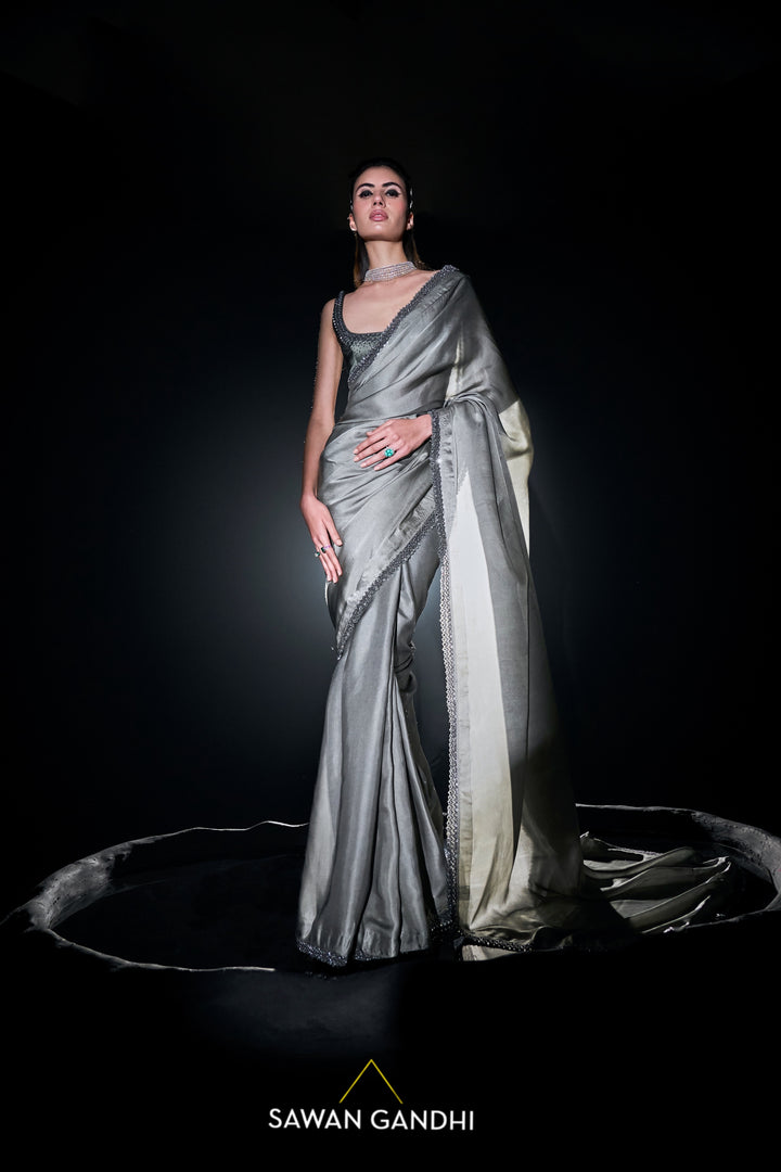 Grey silver satin saree
