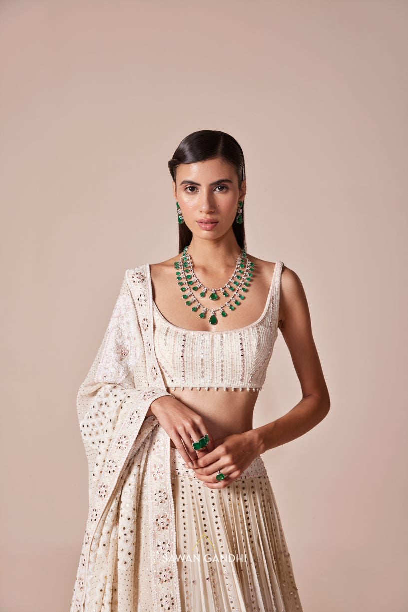 Ivory Chikankari border and vertical mirror lines lehnga set