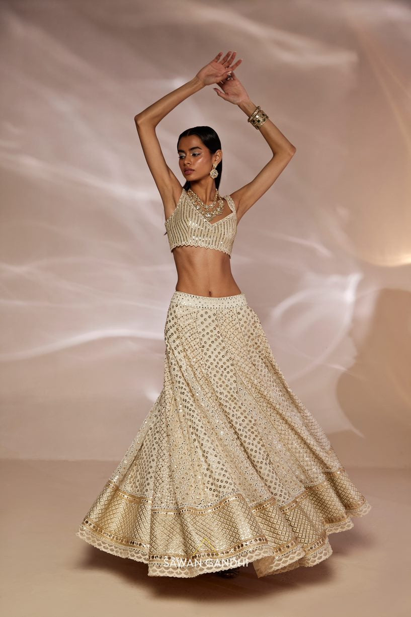 Ivory Mukaish and Mirror work lehnga  set