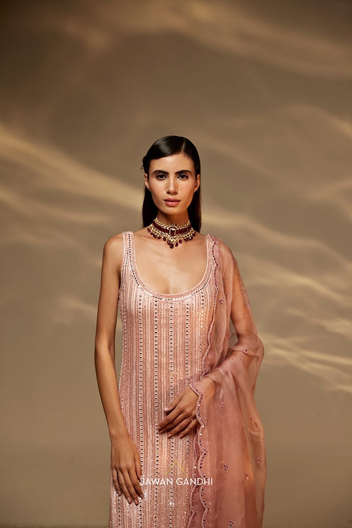 Rose gold mirror work sharara suit set