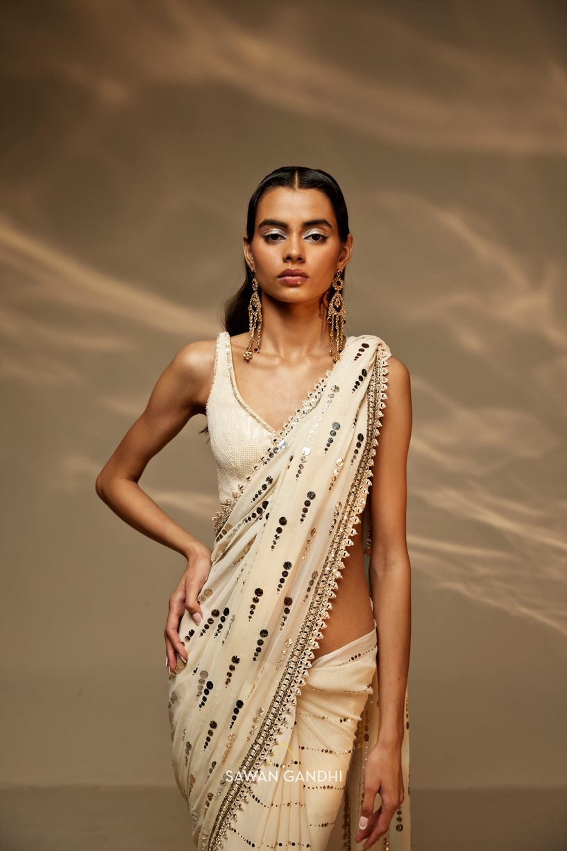 Ivory coin mukaish work saree set