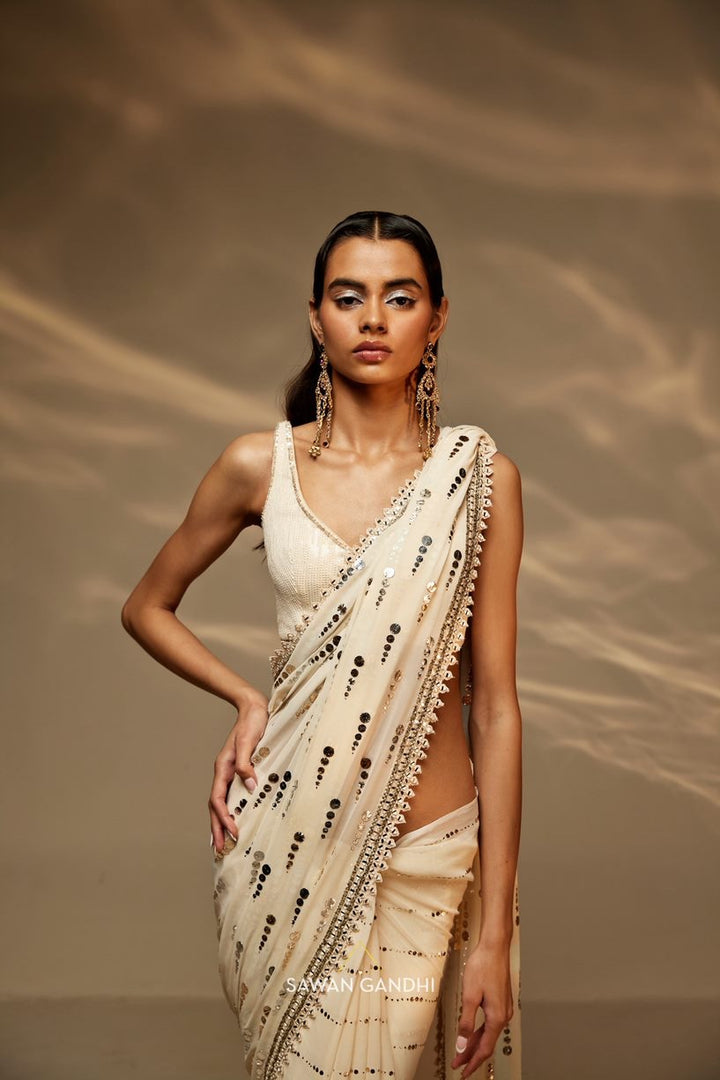 Ivory coin mukaish work saree set