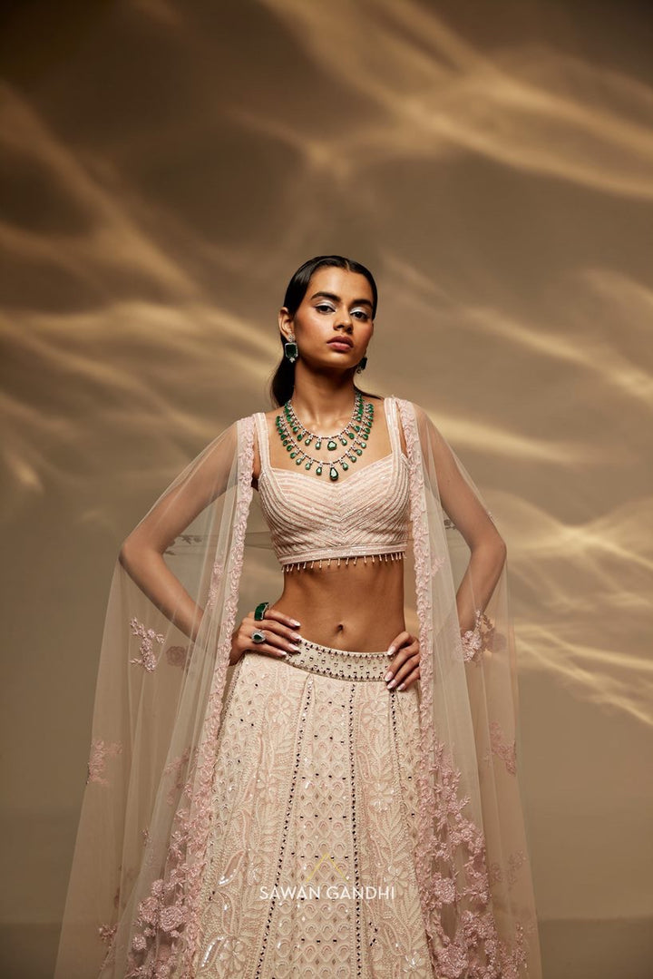 Ivory and pink chikankari lehnga set