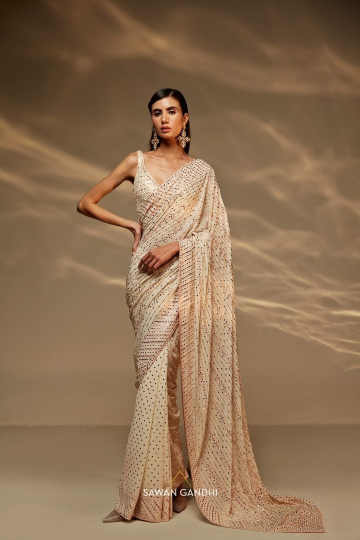 Ivory mirror and mukaish work saree set