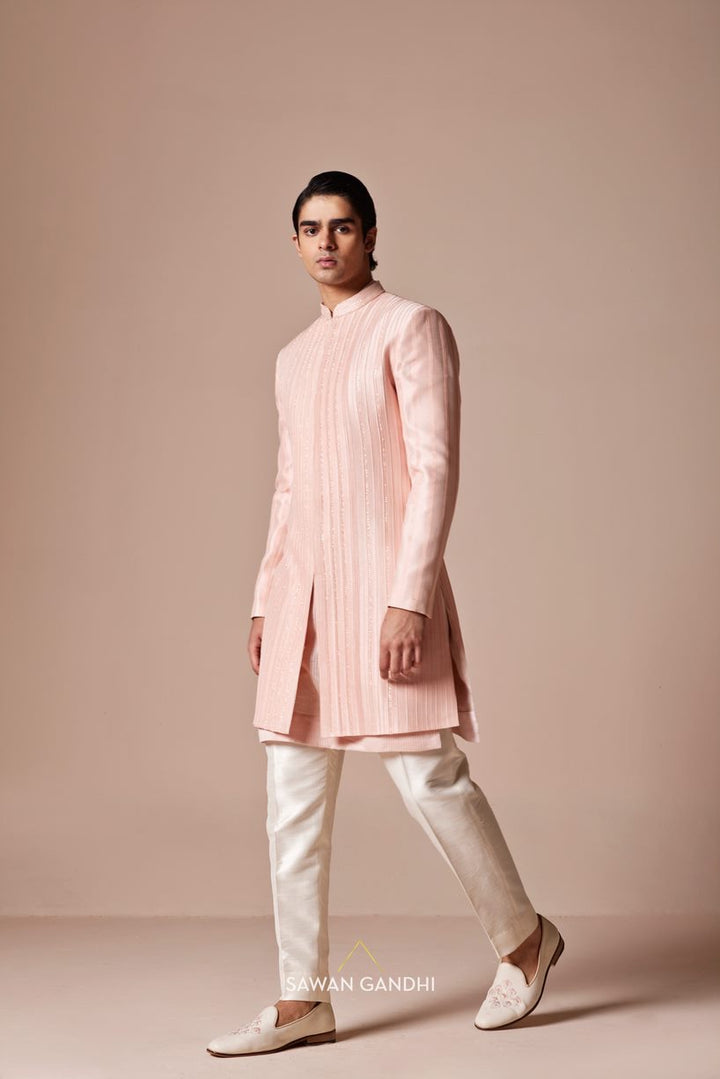 Peach cutdana and pintex sherwani