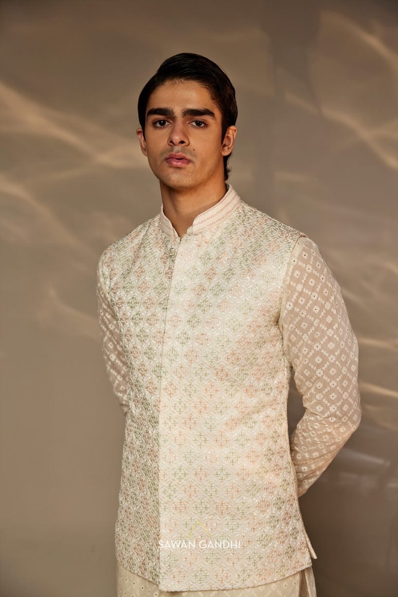 Ivory multicolour Nehru and Ivory mukaish work kurta