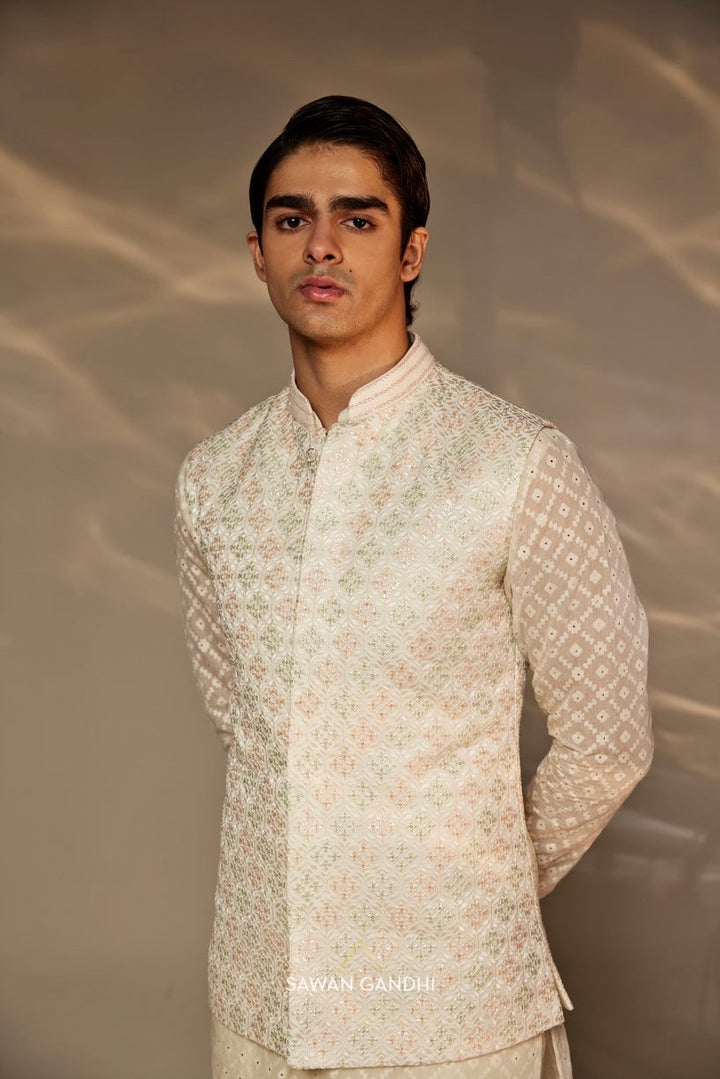 Ivory multicolour Nehru and Ivory mukaish work kurta