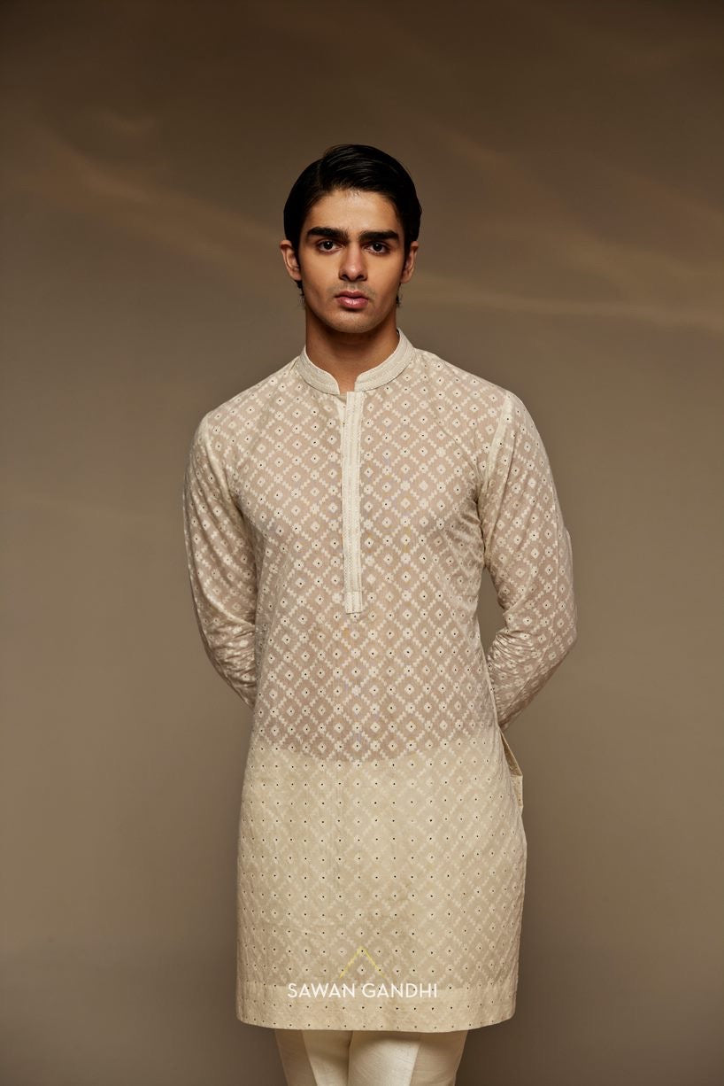 Ivory multicolour Nehru and Ivory mukaish work kurta