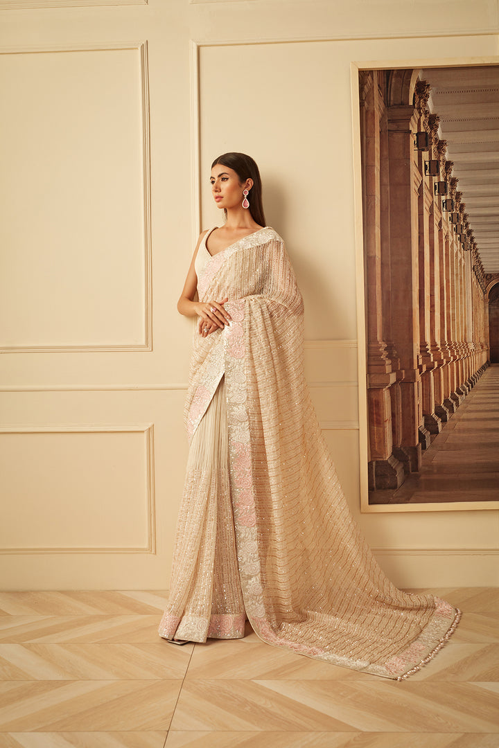 Ivory ghicha floral border saree set
