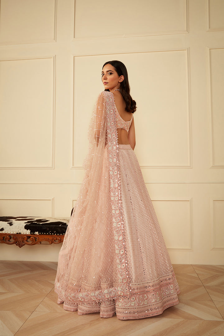 Blush pink thread and mirror work lehnga set