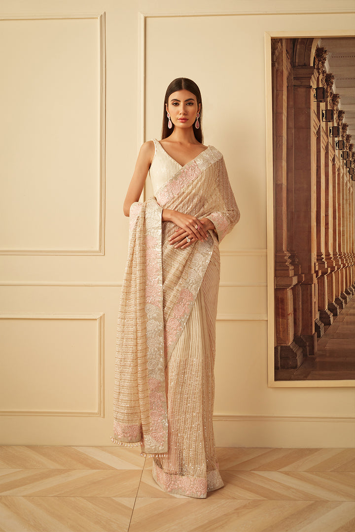 Ivory ghicha floral border saree set