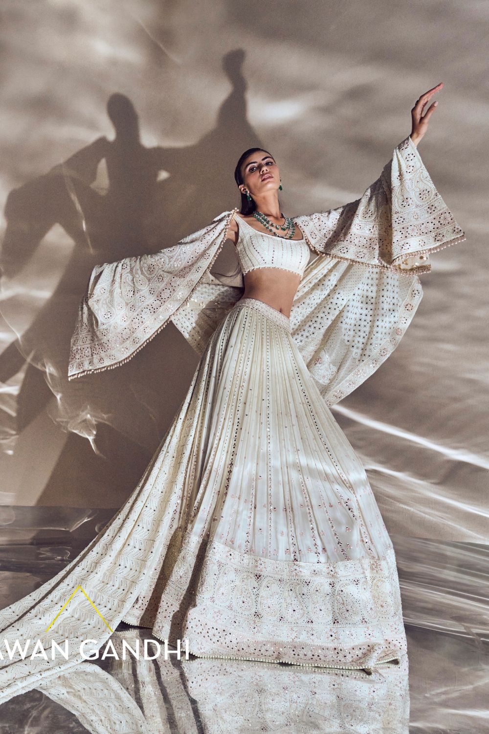 Ivory Chikankari border and vertical mirror lines lehnga set