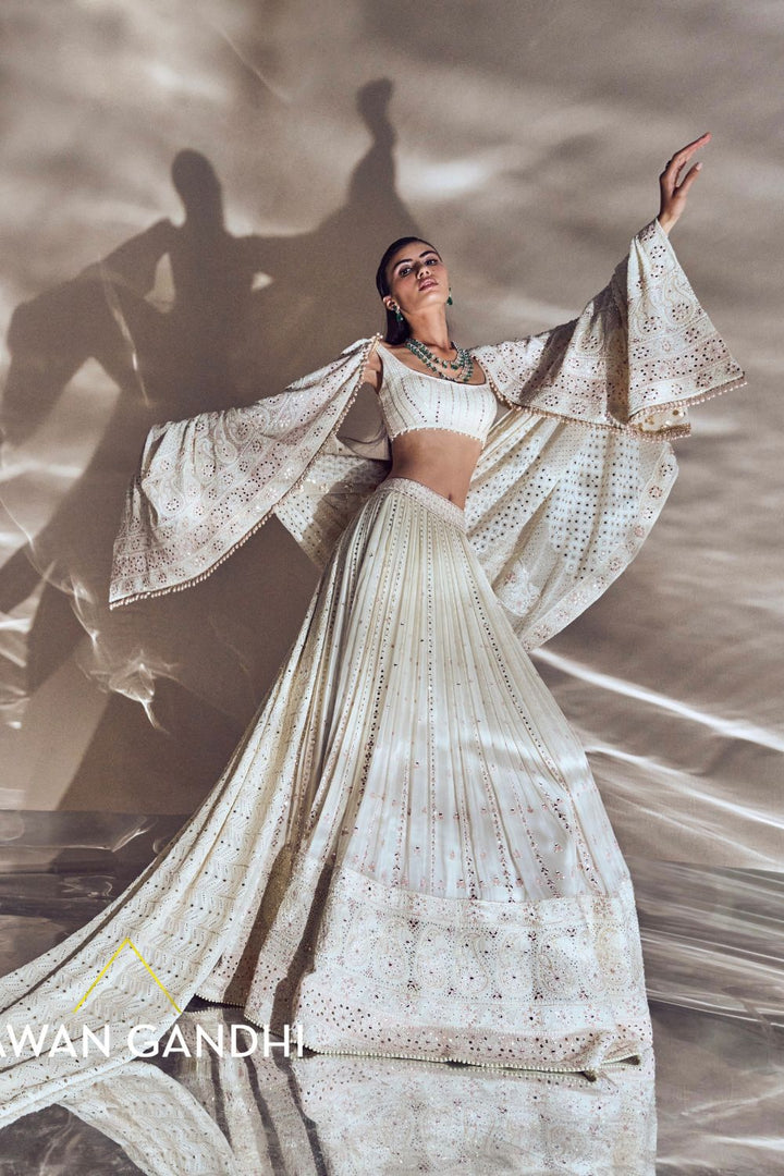 Ivory Chikankari border and vertical mirror lines lehnga set